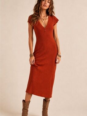 Zara Ribbed Knit Bodycon Henley Midi Dress